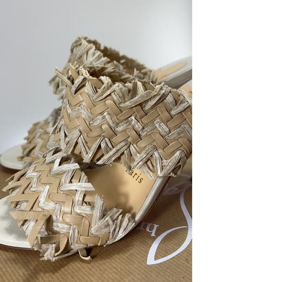 Meroine 85mm raffia Tan Woven fringe heels mules E325 - Picture 7 of 12